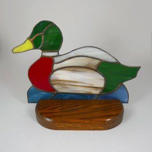 Vintage handmade stained glass Mallard with oak stand.